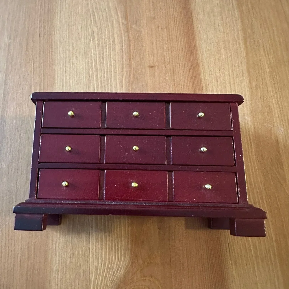Vintage Miniature Wooden Dresser Jewelry Box Burgundy 3 Drawer Gold Knobs